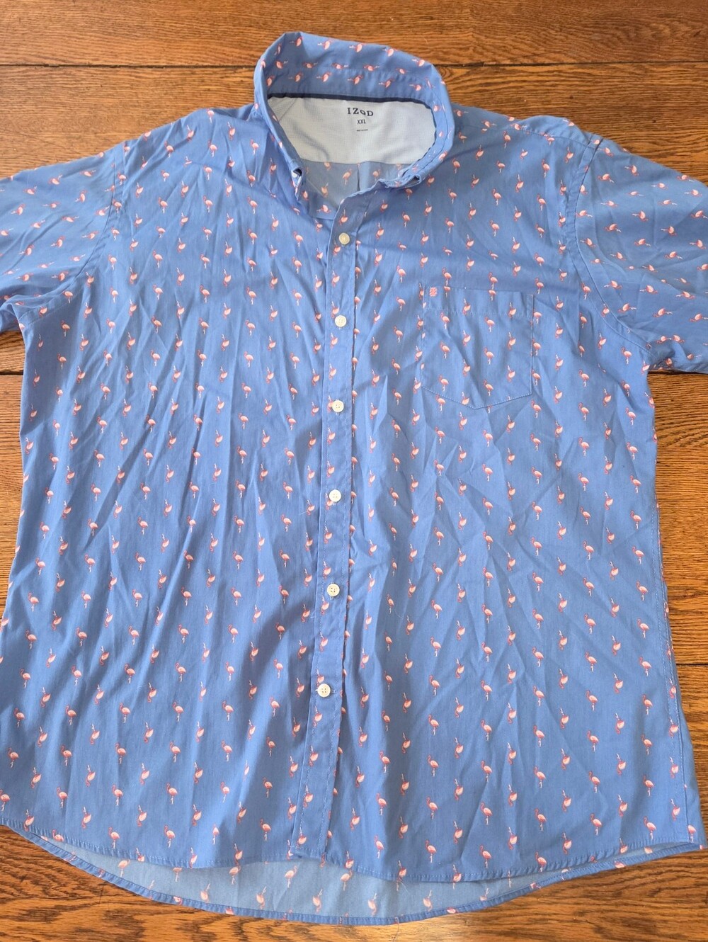 Izod Light Blue Short-Sleeve Button-Down with Pink Flamingo Print Men's Size 2XL